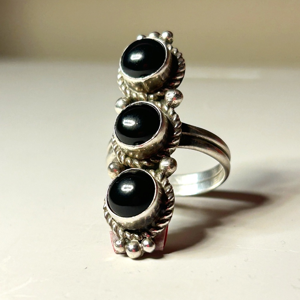 Authentic Navajo Sterling Silver Ring w/ 3 Onyx Stones